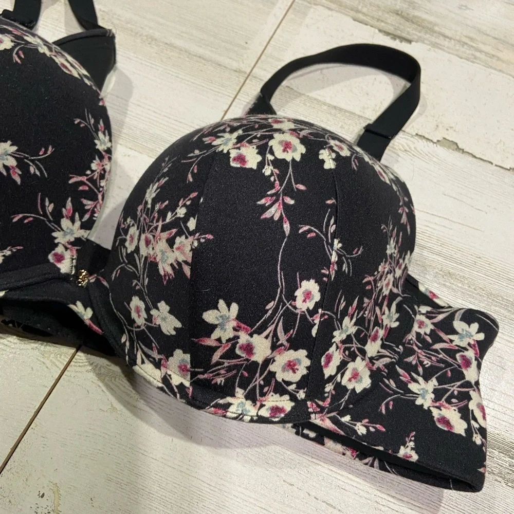 Cacique Black Pink Whimsy Floral Boost Plunge Bra 40C